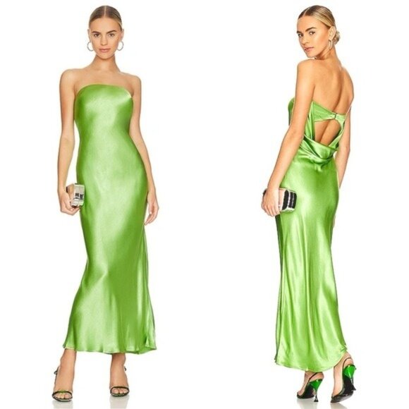 Bec + Bridge Moon Dance Strapless Dress 10 Sweet Pea Green Satin Cutout Draped - Picture 1 of 12